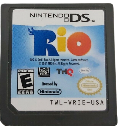 Rio Nintendo DS movie tie in party game mini games Rio animated film Blue macaw adventure casual gameplay touch screen stylus controls Nintendo DS software video game title cartridge 