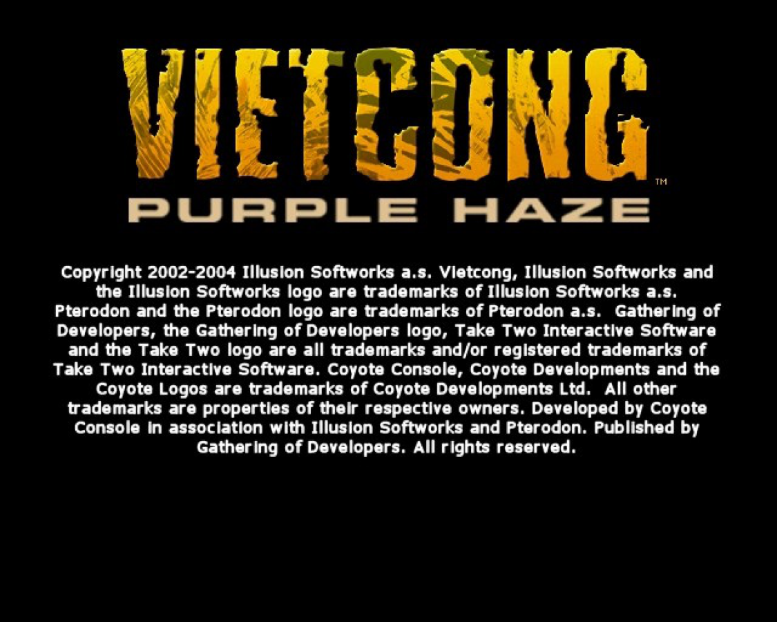 Vietcong: Purple Haze – PlayStation 2 (PS2) video game title screen, tactical first-person shooter.