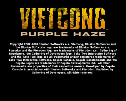 Vietcong: Purple Haze – PlayStation 2 (PS2) video game title screen, tactical first-person shooter.