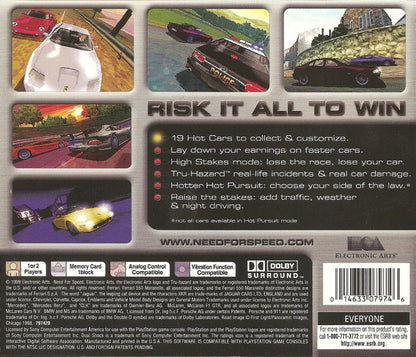 Need for Speed High Stakes game for the PlayStation featuring arcade style racing gameplay with exotic cars police pursuits career progression damage modeling and high risk betting mechanics across varied tracks and race modes back cover art