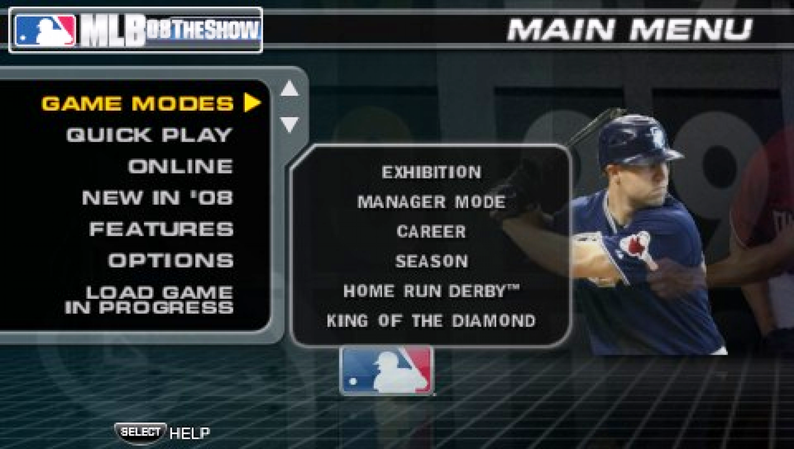 MLB 08: The Show main menu for PlayStation Portable (PSP) baseball sports video game
