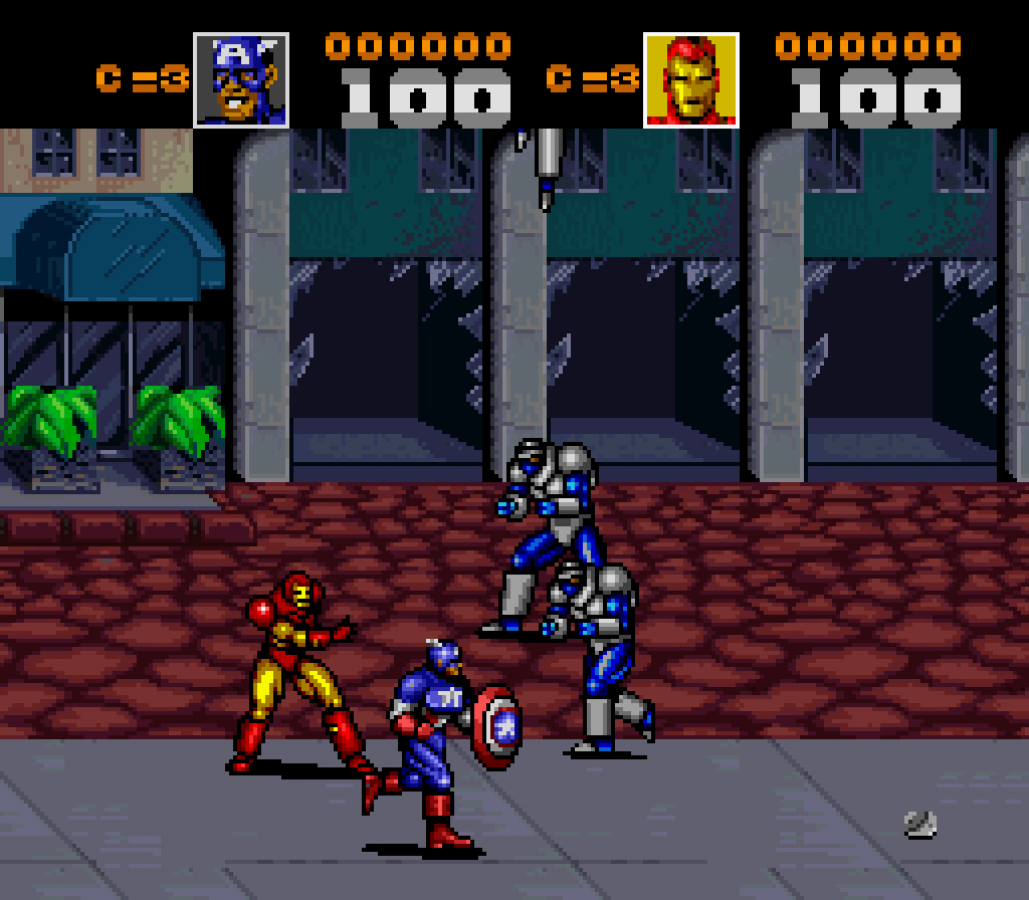 Captain America and the Avengers retro SNES video game Captain America Marvel superhero beat em up action combat cooperative gameplay arcade style adventure console title Super Nintendo release gameplay