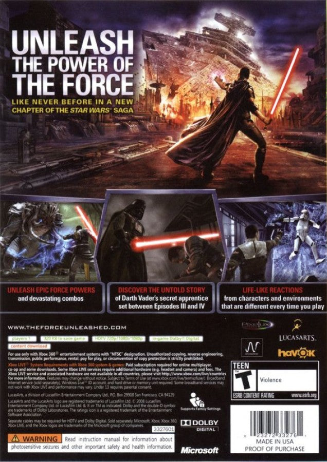 Star Wars: The Force Unleashed back of case for Xbox 360 (X360) action-adventure sci-fi video game
