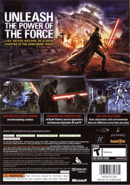 Star Wars: The Force Unleashed back of case for Xbox 360 (X360) action-adventure sci-fi video game