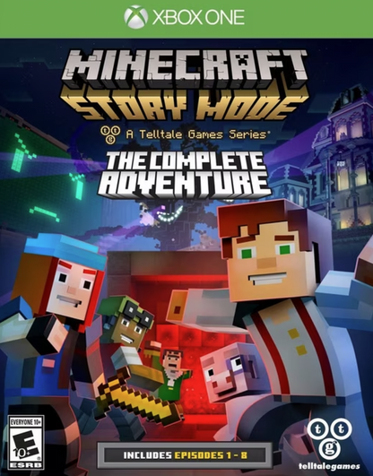 Minecraft: Story Mode The Complete Adventure for Xbox One, cover art image for an episodic action-adventure narrative video game