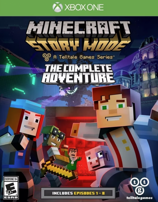 Minecraft: Story Mode The Complete Adventure for Xbox One, cover art image for an episodic action-adventure narrative video game