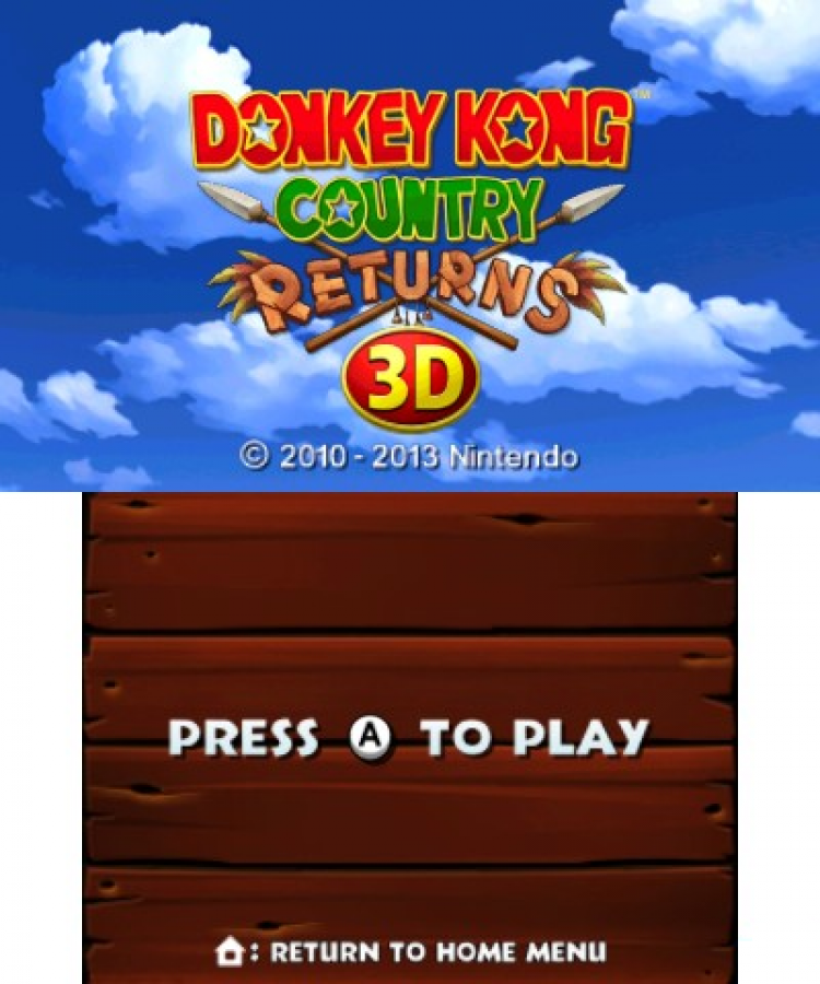 Donkey Kong Country Returns 3D start screen for Nintendo 3DS (3DS) platformer video game