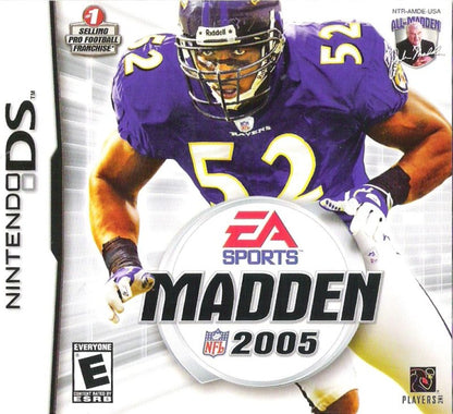 Madden NFL 2005 Nintendo DS DS video game featuring American football sports simulation gameplay NFL teams and players offensive play calling defensive strategies passing rushing touchdowns tackling interceptions special teams action season mode team management competitive football matches and classic Nintendo handheld sports gaming retro video game collection collectible gaming appeal front cover art
