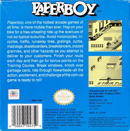 Paperboy back cover art for Game Boy (GB) video game 