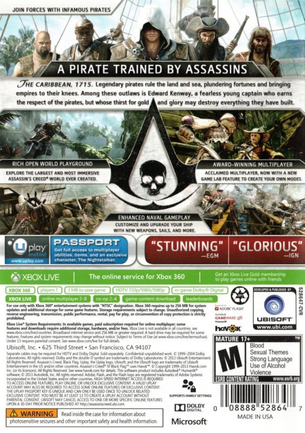 Assassin’s Creed IV Black Flag Walmart Edition for Xbox 360 open world action adventure video game featuring pirate-era naval combat stealth missions iconic historical storytelling and immersive Ubisoft franchise experience back cover