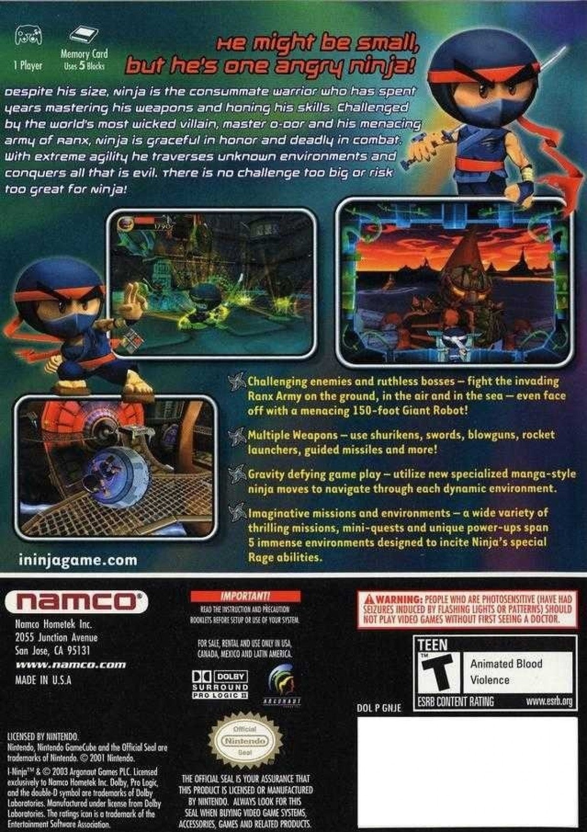I-Ninja GameCube GC video game, action platformer, stealth and combat gameplay, cartoon-style adventure, multiplayer, Nintendo GameCube title back cover