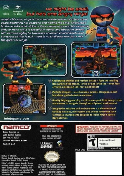 I-Ninja GameCube GC video game, action platformer, stealth and combat gameplay, cartoon-style adventure, multiplayer, Nintendo GameCube title back cover
