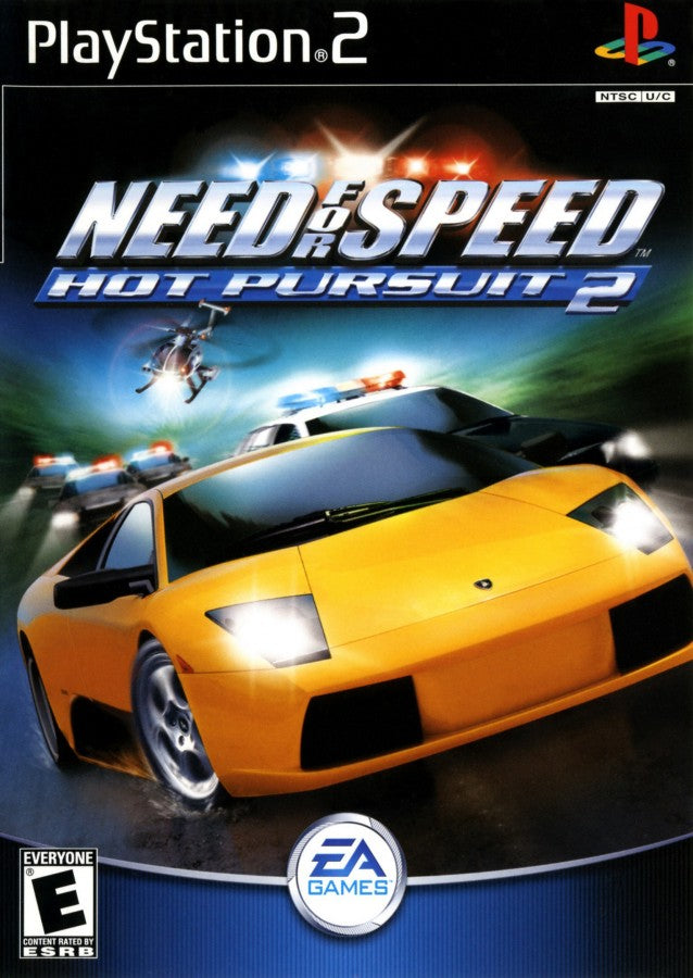 Need for Speed Hot Pursuit 2 PlayStation 2 PS2 for arcade racing video game fans featuring high speed exotic cars police pursuits intense chases customizable vehicles challenging race events shortcuts and scenic tracks police roadblocks and classic EA racing gameplay collectible gaming appeal front cover art