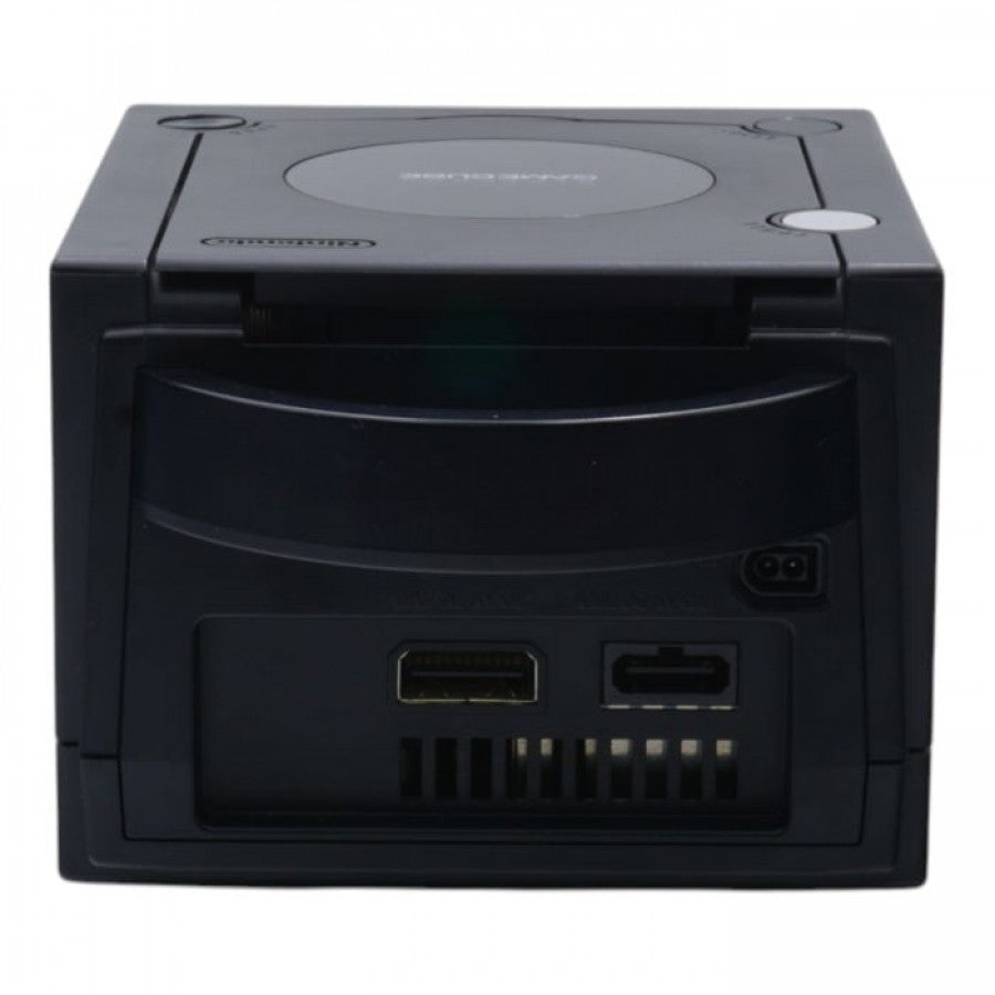 Rear view of a black Nintendo GameCube showing back ports, including power, AV, and digital output connections.