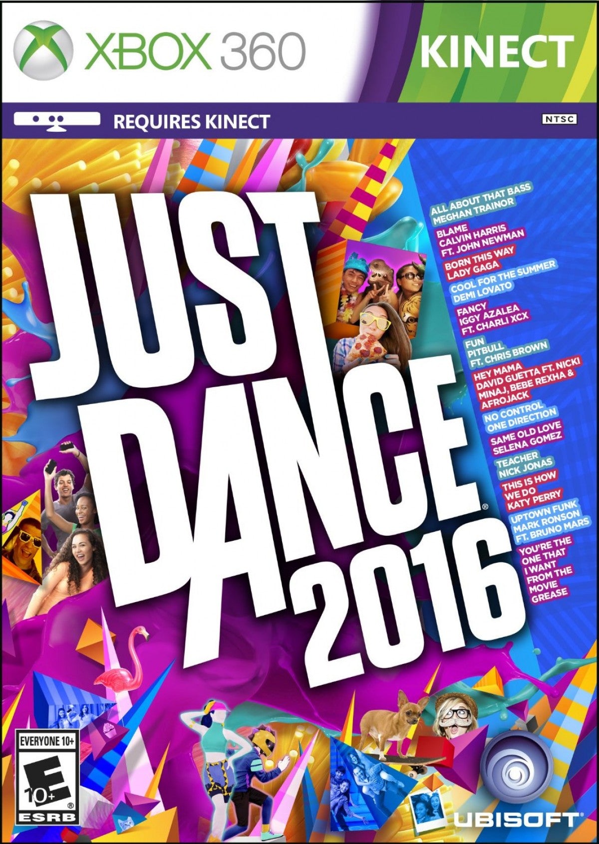 Just Dance 2016 Xbox 360 X360 video game featuring dance rhythm gameplay popular music tracks choreographed dance routines motion controlled movement scoring challenges solo dancing multiplayer party mode dance competitions energetic music and classic Xbox 360 family entertainment gameplay retro video game collection collectible gaming appeal cover art