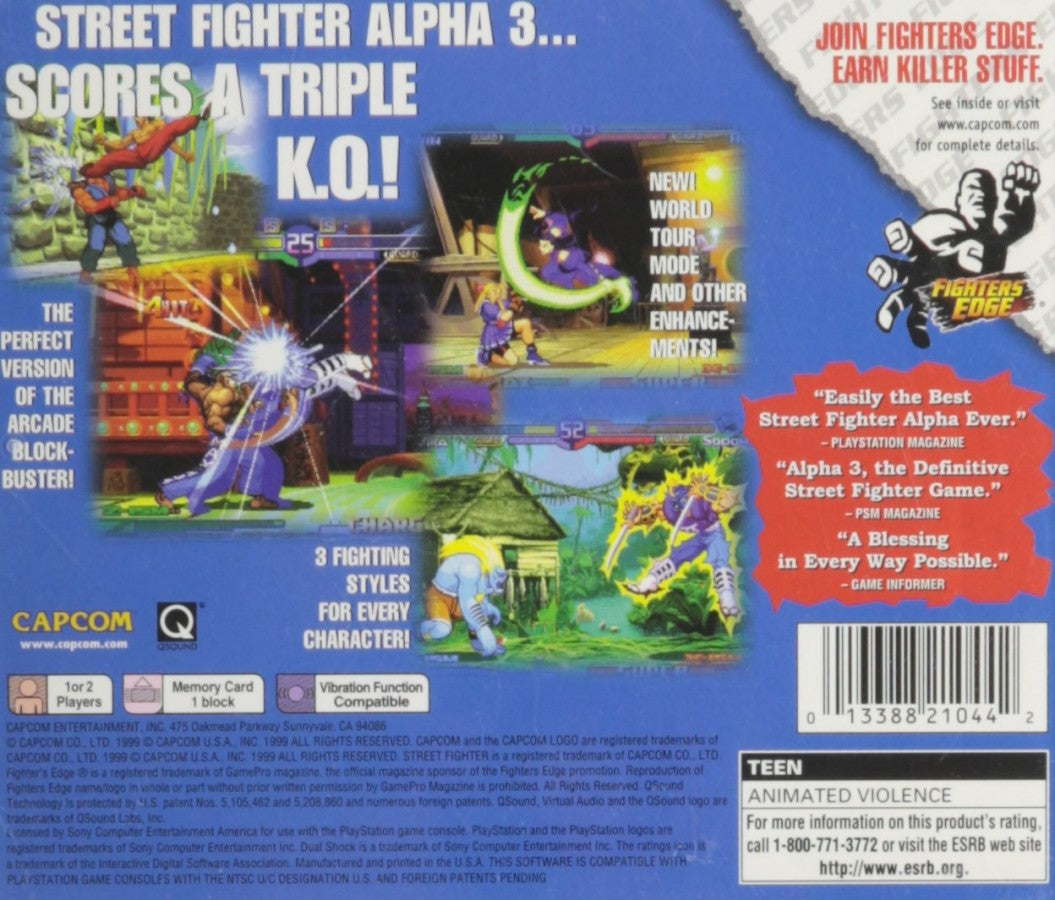 Back cover art of 'Street Fighter Alpha 3' for Playstation 1 (PS1) video game