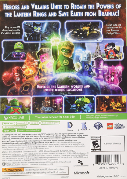 LEGO Batman 3 Beyond Gotham Xbox 360 action-adventure video game Batman Robin Justice League Lantern worlds outer space setting Brainiac villain character swapping puzzle solving brick-building humor DC Comics superhero roster Lantern rings powers co-op gameplay back cover