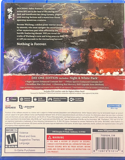 Wuchang: Fallen Feathers retro PS5 video game Wuchang Fallen Feathers action RPG soulslike combat dark fantasy adventure melee combat exploration story driven gameplay console release back cover