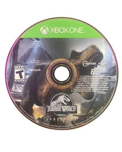 Jurassic World Evolution Xbox One game featuring park-building simulation gameplay and dinosaur management strategy Front Disc Art Image