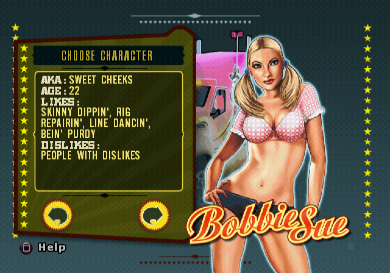 Retro Big Mutha Truckers 2 PS2 inspired design featuring over the top trucking adventure aesthetic vintage PlayStation 2 southern humor chaotic highway races cargo hauling arcade driving gameplay outrageous characters nostalgic road trip action presentation - character selection