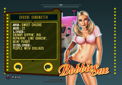 Retro Big Mutha Truckers 2 PS2 inspired design featuring over the top trucking adventure aesthetic vintage PlayStation 2 southern humor chaotic highway races cargo hauling arcade driving gameplay outrageous characters nostalgic road trip action presentation - character selection