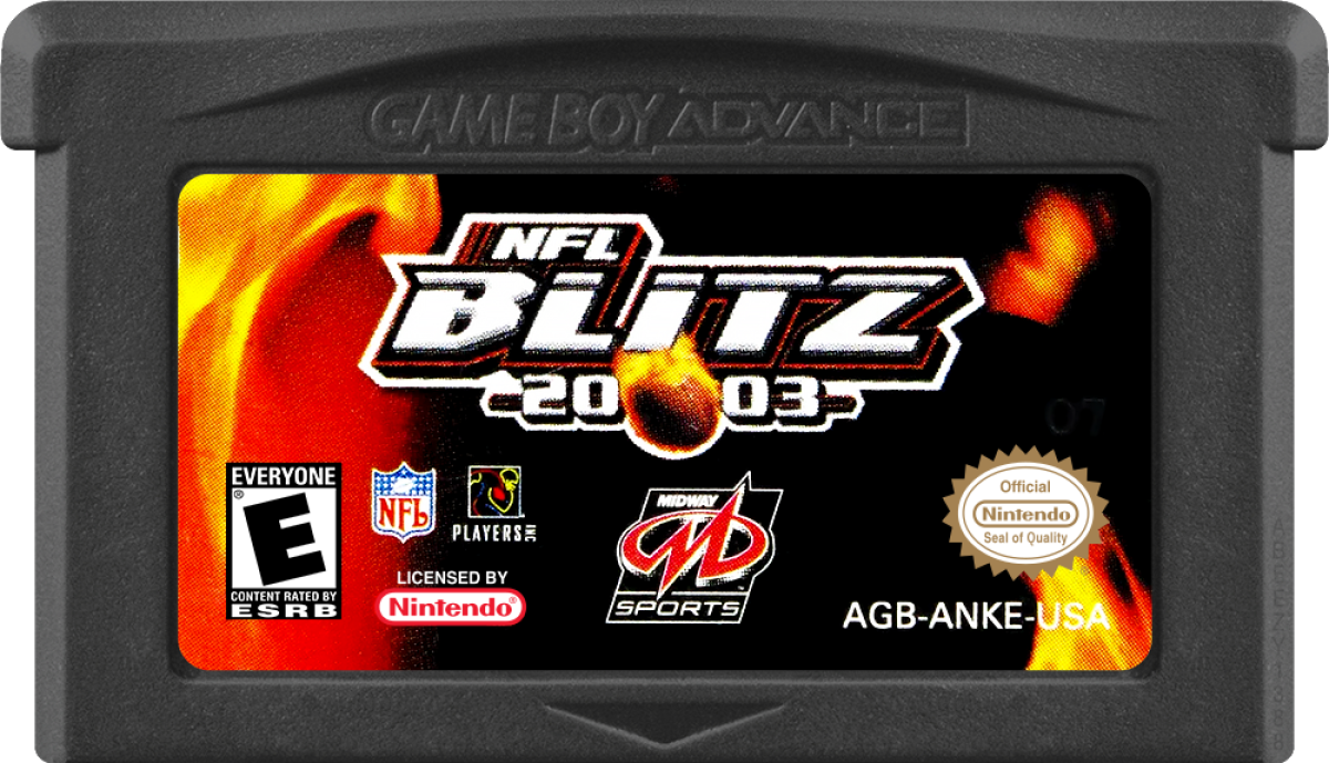 NFL Blitz 2003 Game Boy Advance GBA video game featuring arcade football sports gameplay NFL teams and players fast paced football action hard hitting tackles powerful offensive plays exaggerated sports action passing rushing touchdowns defensive hits multiplayer matches and classic Nintendo handheld arcade football gaming retro video game collection collectible gaming appeal game cartridge