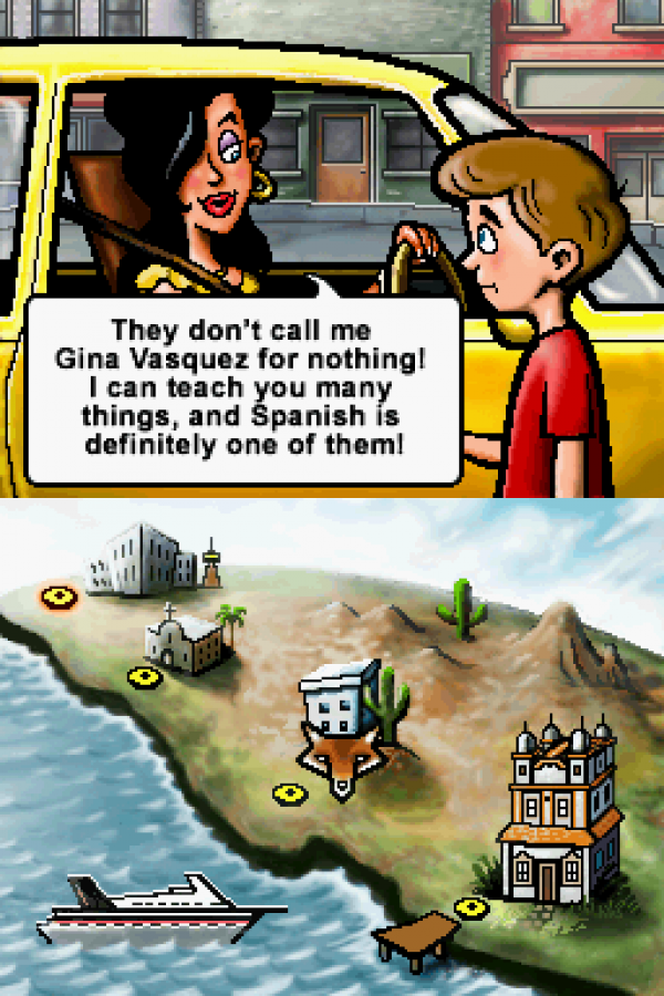 Spanish for Everyone for Nintendo DS, gameplay for an educational language learning video game with vocabulary exercises, pronunciation practice, interactive lessons, and casual study gameplay