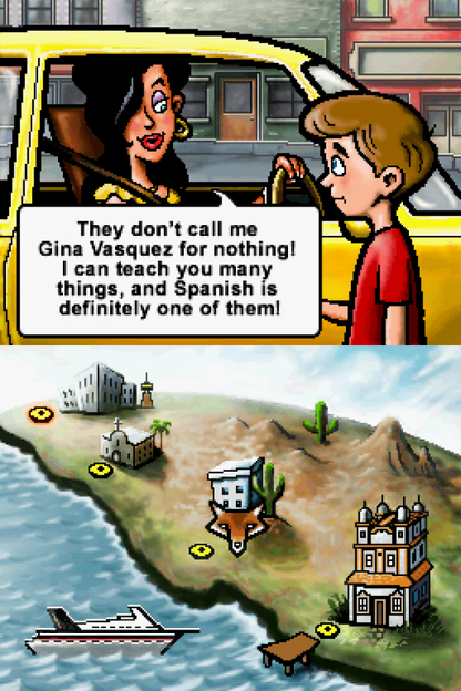 Spanish for Everyone for Nintendo DS, gameplay for an educational language learning video game with vocabulary exercises, pronunciation practice, interactive lessons, and casual study gameplay