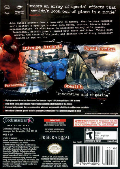 Second Sight Nintendo GameCube for retro video game enthusiasts featuring action adventure gameplay psychic abilities stealth mechanics third person combat suspenseful storytelling puzzle solving and collectible gaming appeal back art 