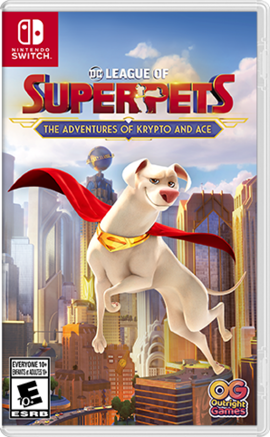 The DC League of Super-Pets Adventures of Krypto and Ace Nintendo Switch action-adventure game featuring co-op gameplay for Superman's dog and Batman's canine front cover