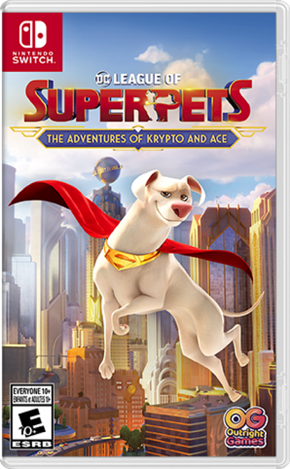 The DC League of Super-Pets Adventures of Krypto and Ace Nintendo Switch action-adventure game featuring co-op gameplay for Superman's dog and Batman's canine front cover