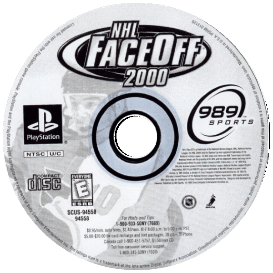 NHL FaceOff 2000 PlayStation 1 hockey sports simulation video game 989 Sports official NHL teams players season mode playoffs multiplayer exhibition matches disc art
