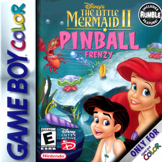 Disney’s The Little Mermaid II Pinball Frenzy for Game Boy Color, cover image for a pinball video game with underwater-themed tables, arcade-style gameplay, score challenges, and Disney character visuals