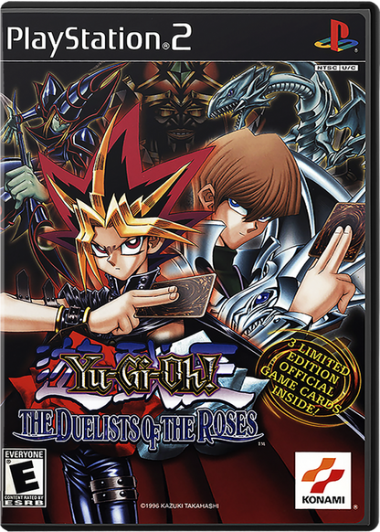PlayStation 2 game case for Yu-Gi-Oh! The Duelists of the Roses with characters and Konami logo.