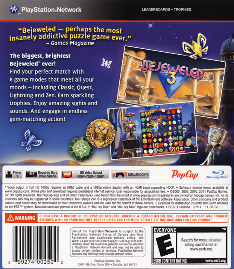 Bejeweled 3 back cover art for PlayStation 3 (PS3) video game