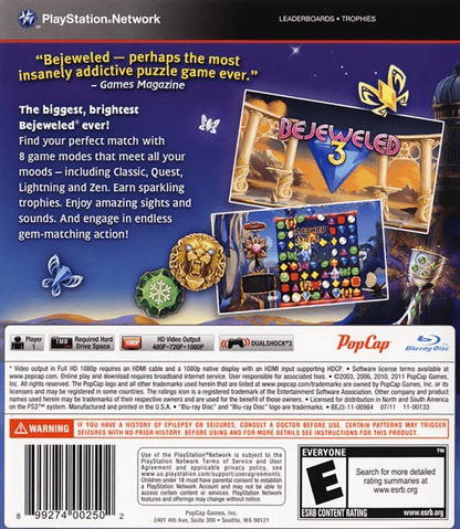 Bejeweled 3 back cover art for PlayStation 3 (PS3) video game