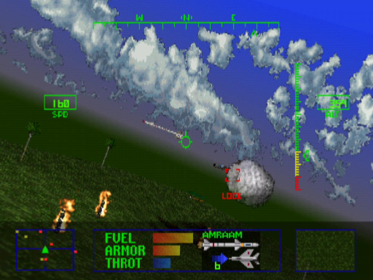 Agile Warrior F-111X [Long Box] for PlayStation 1 (PS1) at Gamers INC, featuring the explosive aerial combat simulator in its rare, collectible early-release "Long Box" packaging; pilot the experimental F-111X fighter through high-stakes missions to neutralize global threats, utilizing a devastating arsenal of missiles and napalm across fully destructible environments in a classic showcase of early 32-bit 3D flight action and cinematic mission briefings gameplay screenshot