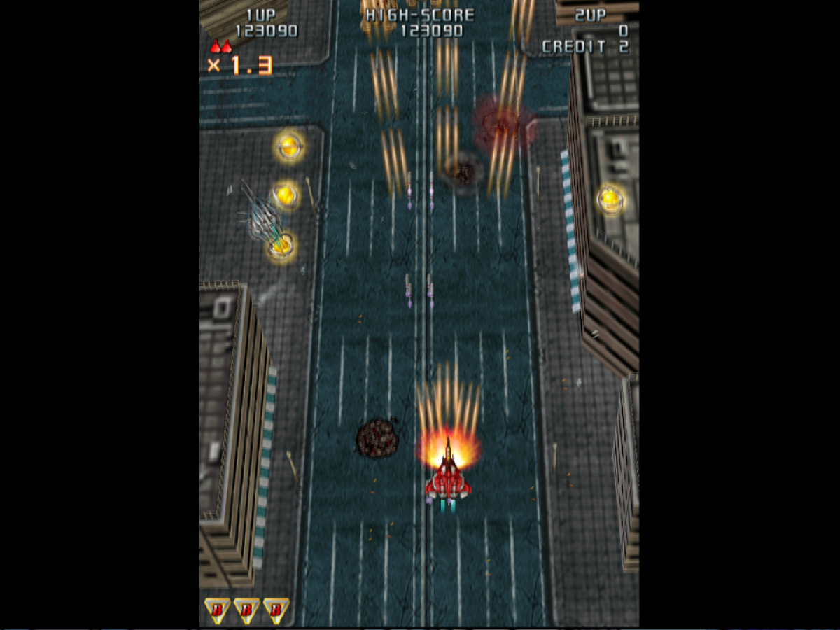 Raiden III – PlayStation 2 (PS2) video game gameplay, vertical shoot 'em up arcade game.