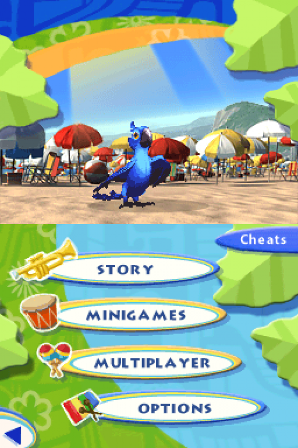 Rio Nintendo DS movie tie in party game mini games Rio animated film Blue macaw adventure casual gameplay touch screen stylus controls Nintendo DS software video game title gameplay