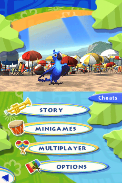 Rio Nintendo DS movie tie in party game mini games Rio animated film Blue macaw adventure casual gameplay touch screen stylus controls Nintendo DS software video game title gameplay