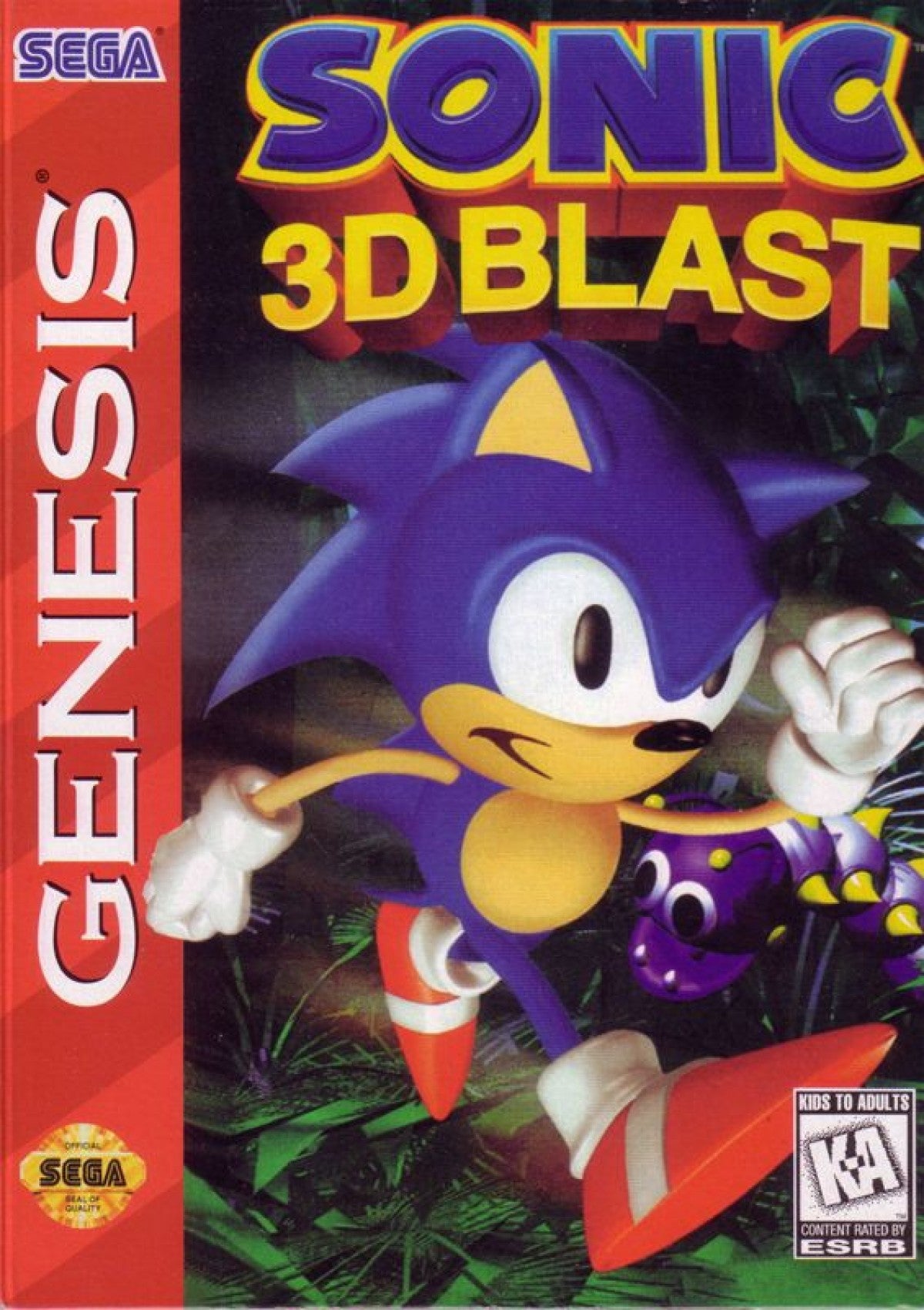 Sonic 3D Blast Sega Genesis video game, isometric platformer, Sonic the Hedgehog adventure, retro Sega console title cover