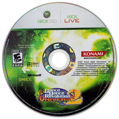 Dance Dance Revolution Universe 2 Xbox 360 cover art for retro video game enthusiasts featuring rhythm based dance gameplay timed step mechanics music track variety arcade style input system energetic visual presentation and party focused competitive rhythm game experience and collectible gaming appeal disc