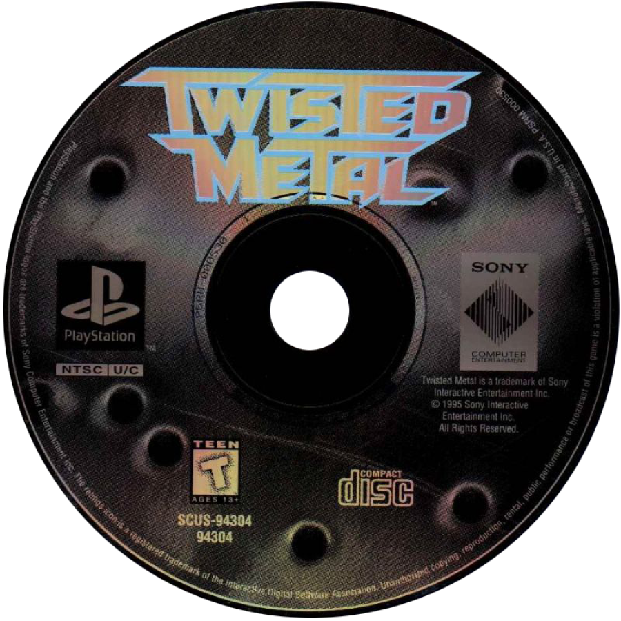 Twisted Metal for PlayStation 1, disc image for a vehicular combat game with car battles, destructive weapons, arena-based action, and classic arcade-style multiplayer gameplay