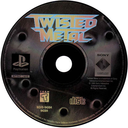 Twisted Metal for PlayStation 1, disc image for a vehicular combat game with car battles, destructive weapons, arena-based action, and classic arcade-style multiplayer gameplay