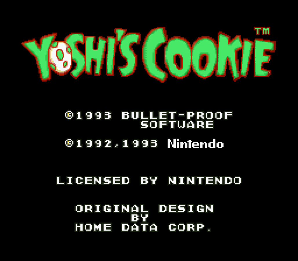 Yoshi’s Cookie for Super Nintendo Entertainment System with tile-matching puzzle gameplay theme splash screen