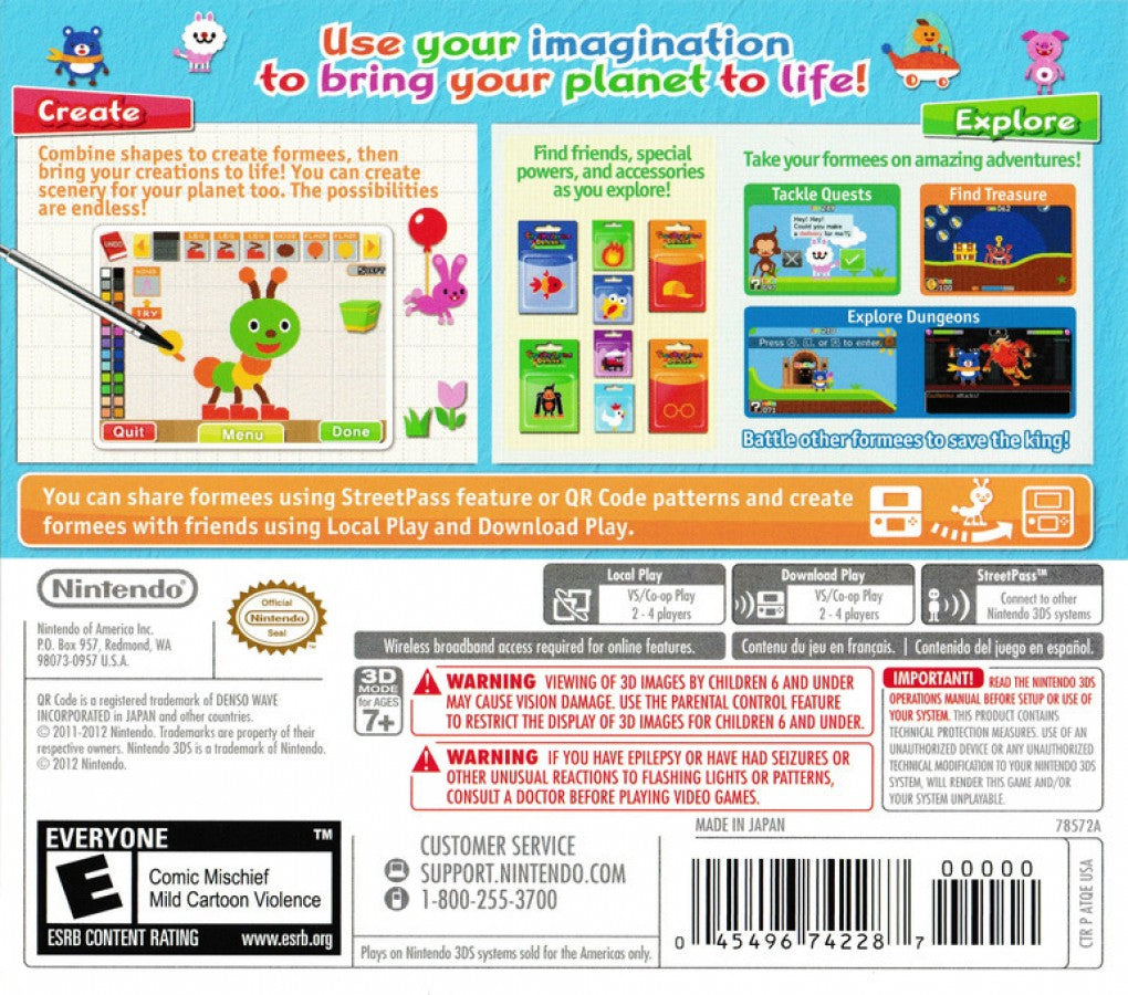 Freakyforms Deluxe Your Creations Alive Nintendo 3DS 3DS back of case for retro video game enthusiasts featuring creative creature building gameplay customizable character design sandbox style exploration puzzle solving mini games colorful whimsical world interactions and portable handheld creativity focused gaming experience and collectible gaming appeal