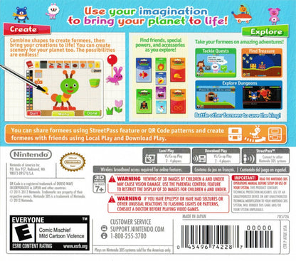 Freakyforms Deluxe Your Creations Alive Nintendo 3DS 3DS back of case for retro video game enthusiasts featuring creative creature building gameplay customizable character design sandbox style exploration puzzle solving mini games colorful whimsical world interactions and portable handheld creativity focused gaming experience and collectible gaming appeal