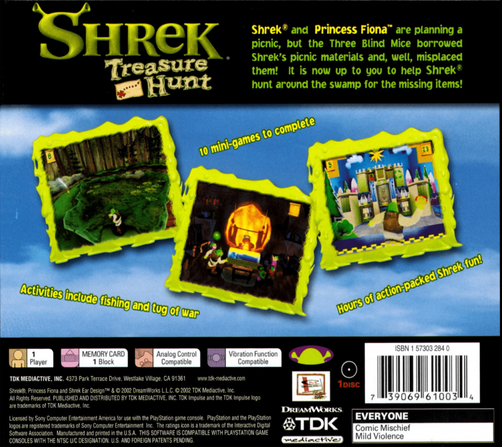 Shrek: Treasure Hunt back of case for PlayStation 1 (PS1) family adventure video game