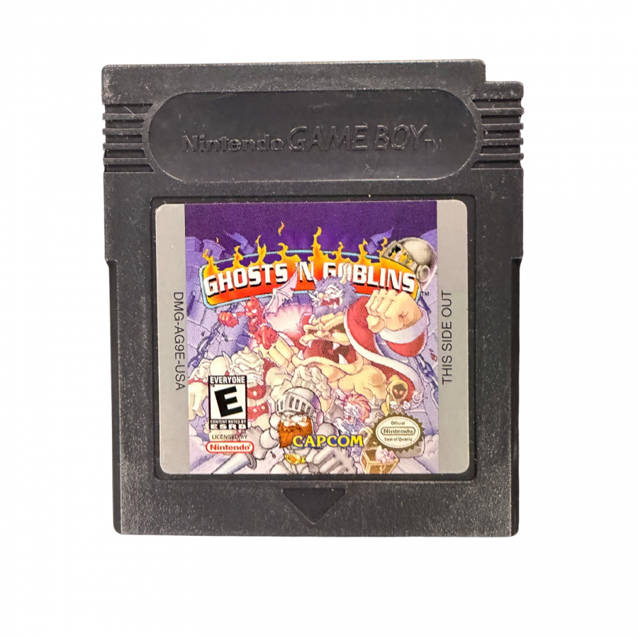 Ghosts n Goblins Game Boy Color GBC video game featuring action platforming gameplay Arthur knight adventure monster battles haunted environments weapon attacks challenging levels boss fights and classic handheld arcade action retro video game collection collectible gaming appeal front of cartridge