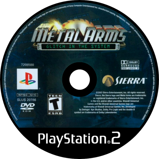 Metal Arms Glitch in the System PS2 Sony PlayStation 2 third person shooter sci fi robot combat action platforming weapons upgrade system humor filled story multiplayer modes Swingin Ape Studios retro gaming PlayStation 2 software video game title disc